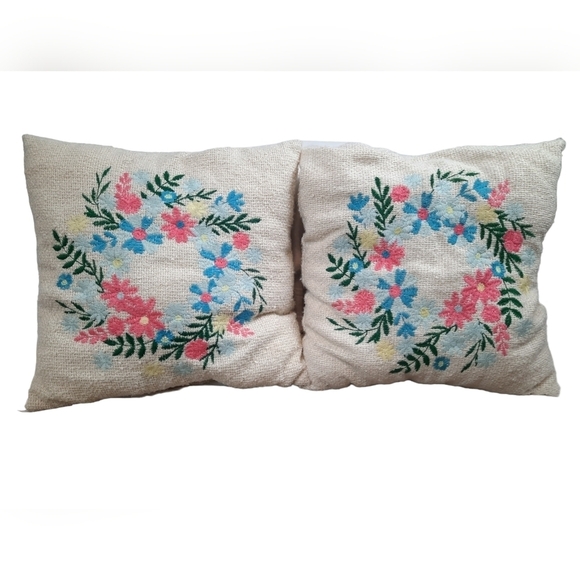 Cottagecore Accent Pillows Floral Wreath Embroidered Cream and Pastel 15 inch - Picture 1 of 4